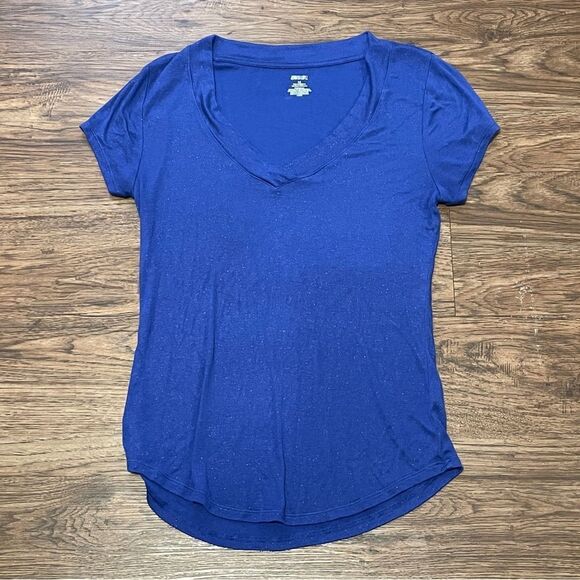 Jennifer Lopez Shimmery Short Sleeve Plunge V-neck Blouse Blue Size Medium - Picture 8 of 12